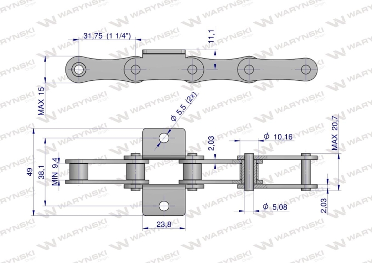 Łańcuch podajnika A2050 210A (R1 1.1/4) łapka K1 co 6 ogniwo 5m Waryński 2