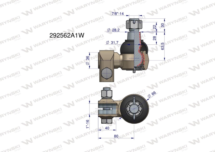 Przegub kierowniczy Case 80mm- 1" 292562A1 WARYŃSKI rysunek techniczny