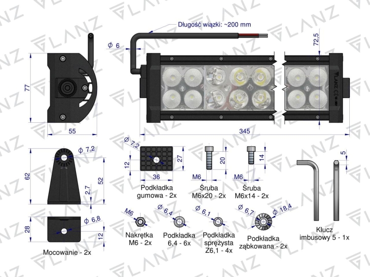 Lampa robocza prostokątna 72W 24 LED GLANZ 4