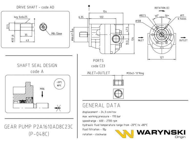 Pompa zębata P-48C P2A1610AD8C23C obroty prawe podnośniki koszowe P-183 i P-184 Waryński 3