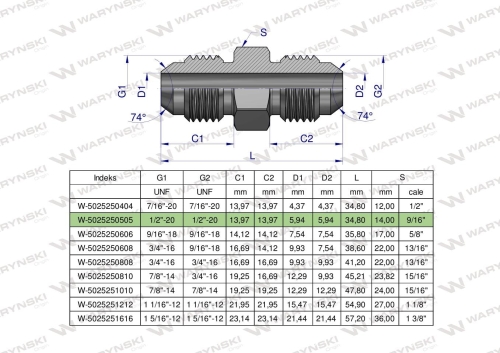 Złączka hydrauliczna calowa BB 1/2" UNF (JIC) Waryński  2