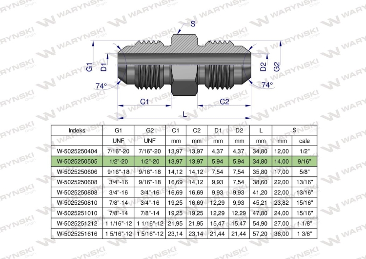 Złączka hydrauliczna calowa BB 1/2" UNF (JIC) Waryński  2