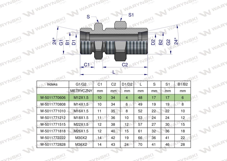 Złączka hydrauliczna metryczna grodziowa BB M12x1.5 06L z przeciwnakrętką (XSV) Waryński 4