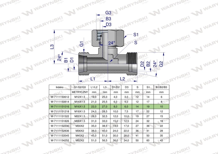 trójnik hydrauliczny symetryczny metryczny BAB M16x1.5 10L (XEVT) Waryński 2