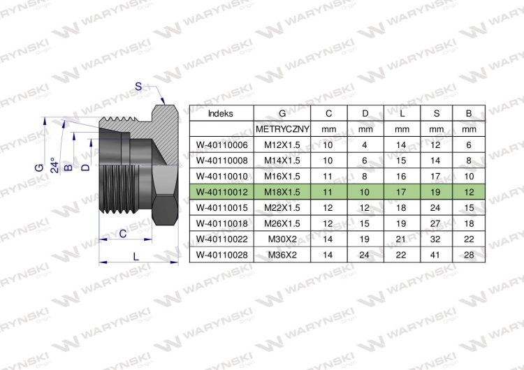 Korek hydrauliczny metryczny (na klucz) M18x1.5 12L Waryński 5