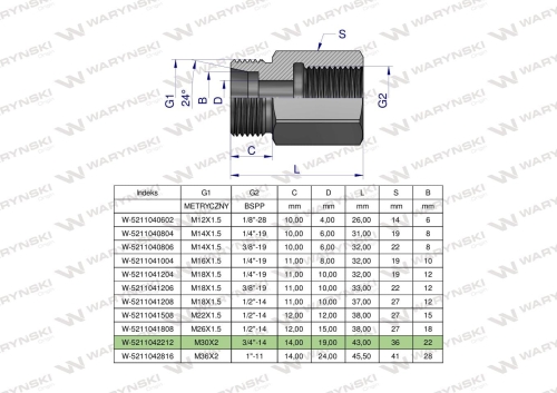 Tulejka różnicowa hydrauliczna AB M30x2 22L GZ x 3/4" BSP GW Waryński  2