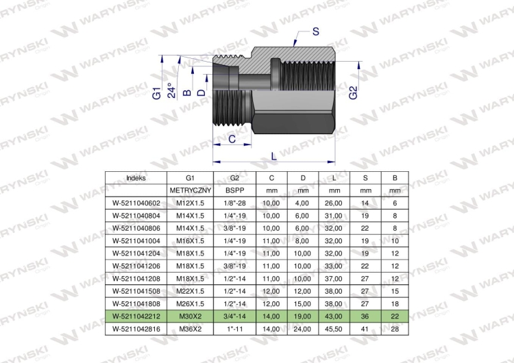 Tulejka różnicowa hydrauliczna AB M30x2 22L GZ x 3/4" BSP GW Waryński  2