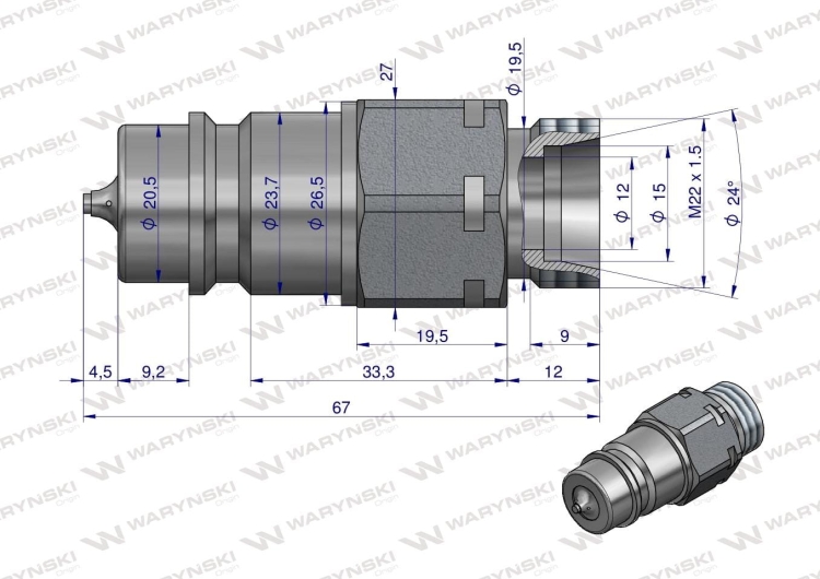 Szybkozłącze hydrauliczne wtyczka z eliminatorem ciśnienia M22x1.5 gwint zew. EURO (9100822W) (ISO 7241-A) Waryński 2