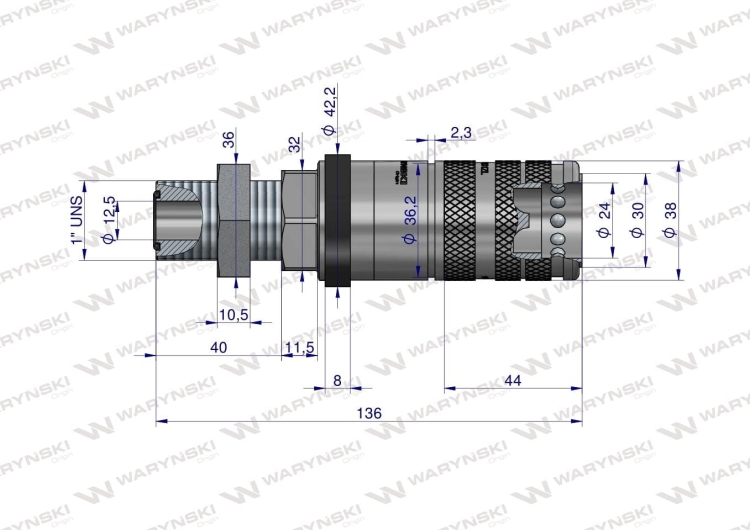 Szybkozłącze hydrauliczne zrywalne seria WIA3CV (3CFPV) gniazdo long 1" ORFS gwint zewnętrzny EURO PUSH-PULL (ISO 7241-A) Waryński 3