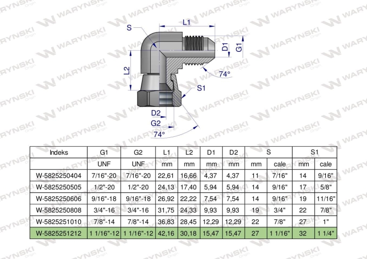 Kolanko hydrauliczne calowe AB 1 1/16" UNF (JIC) Waryński 2