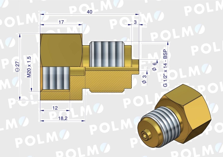 Złączka manometryczna gwint zewnętrzny G1/2" x gwint wewnętrzny M20x1.5 (mosiądz) POLMO 2