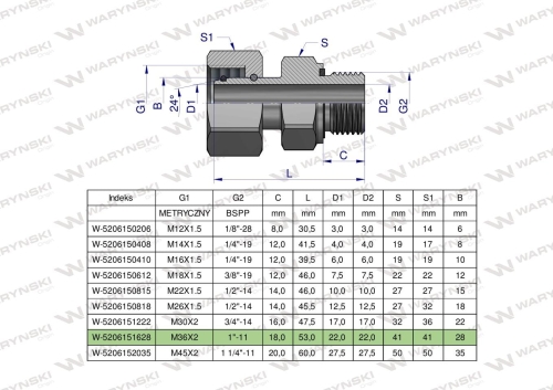 Przyłączka hydrauliczna AB (EVGE) M36x2 28L x 1" BSP ED Waryński 2