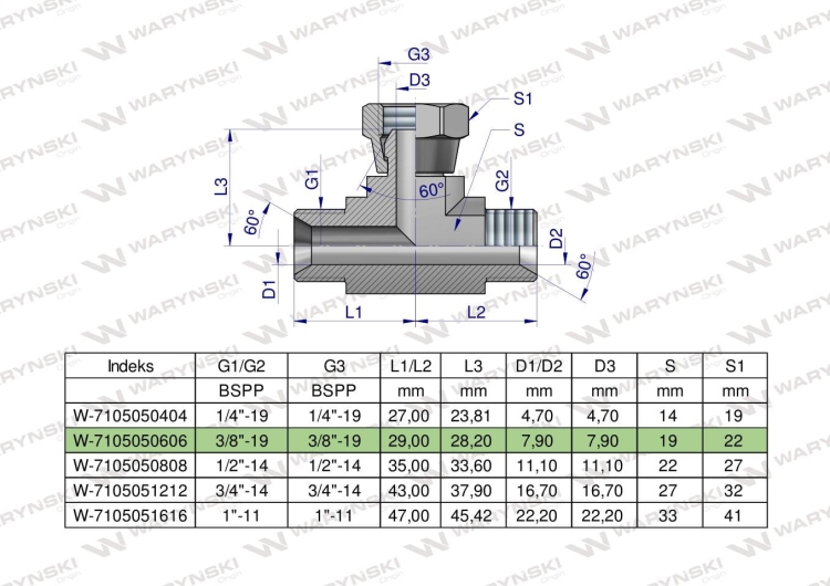 Trójnik hydrauliczny symetryczny calowy BAB 3/8" BSP (XEVT) Waryński 3