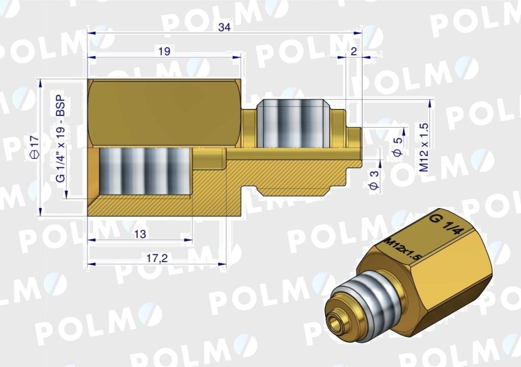 Złączka manometryczna gwint zewnętrzny M12x1.5 x gwint wewnętrzny G1/4" (mosiądz) POLMO RYSUNEK TECHNICZNY