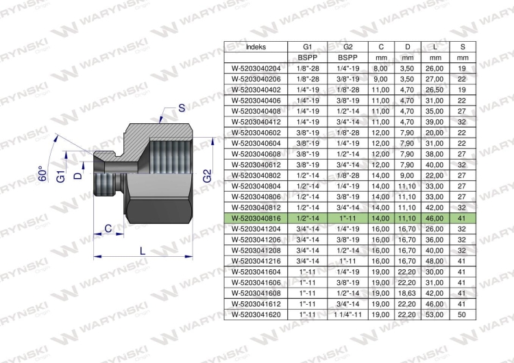 Tulejka różnicowa hydrauliczna calowa AB 1/2"GZ x 1"GW BSP Waryński 2