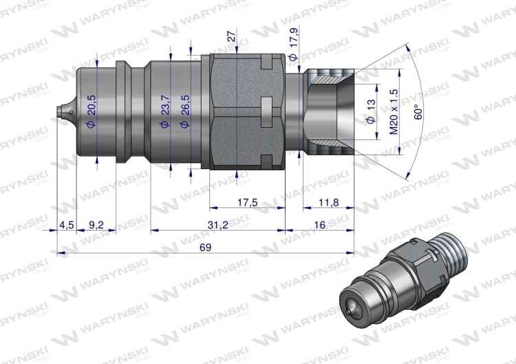 Szybkozłącze hydrauliczne wtyczka z eliminatorem ciśnienia M20x1.5 gwint zew. EURO (9100822W) (ISO 7241-A) Waryński 2