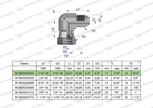 Kolanko hydrauliczne calowe AB 7/16" UNF (JIC) Waryński  2