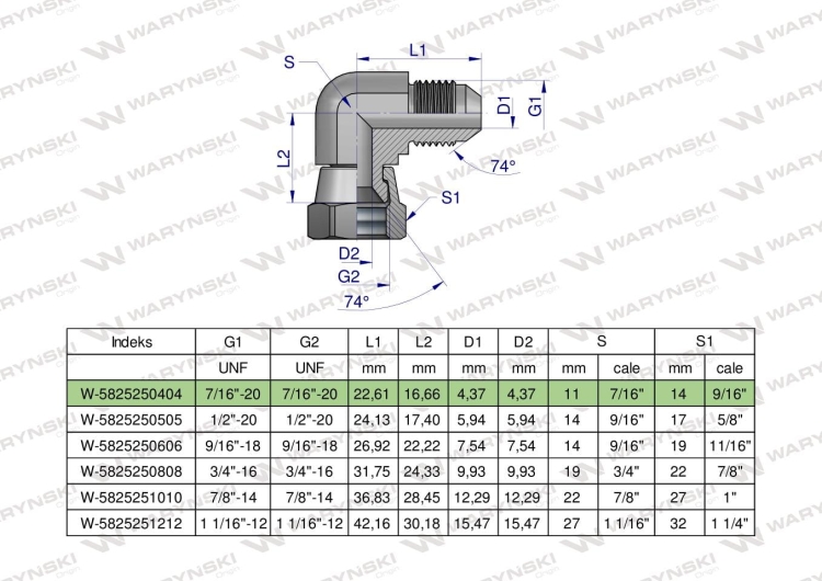 Kolanko hydrauliczne calowe AB 7/16" UNF (JIC) Waryński  2