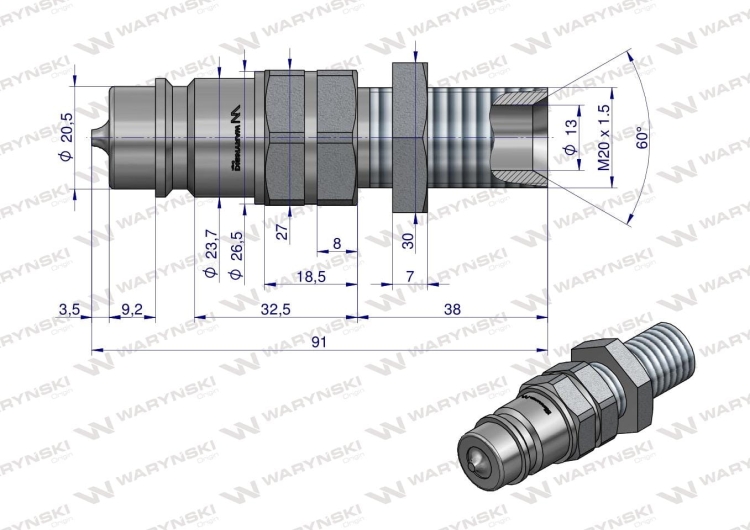 Szybkozłącze hydrauliczne wtyczka long M20x1.5 gwint zewnętrzny EURO (ISO 7241-A) Waryński  2