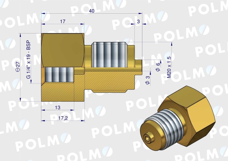 Złączka manometryczna gwint zewnętrzny M20x1.5 x gwint wewnętrzny G1/4" (mosiądz) POLMO 2