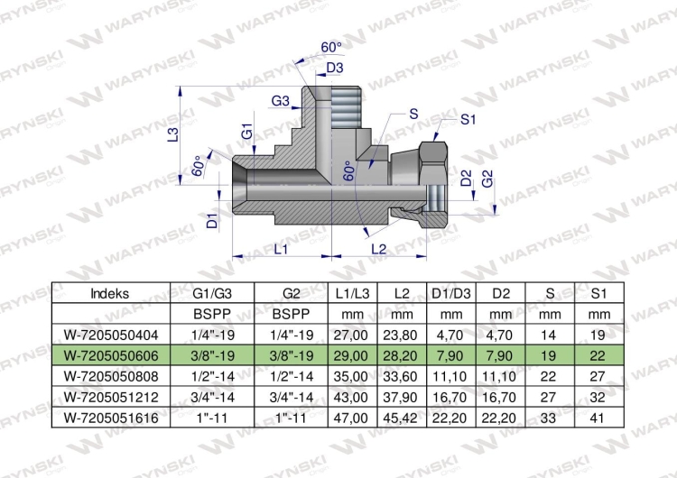 Trójnik hydrauliczny niesymetryczny calowy BBA 3/8" BSP (XEVL) Waryński 2