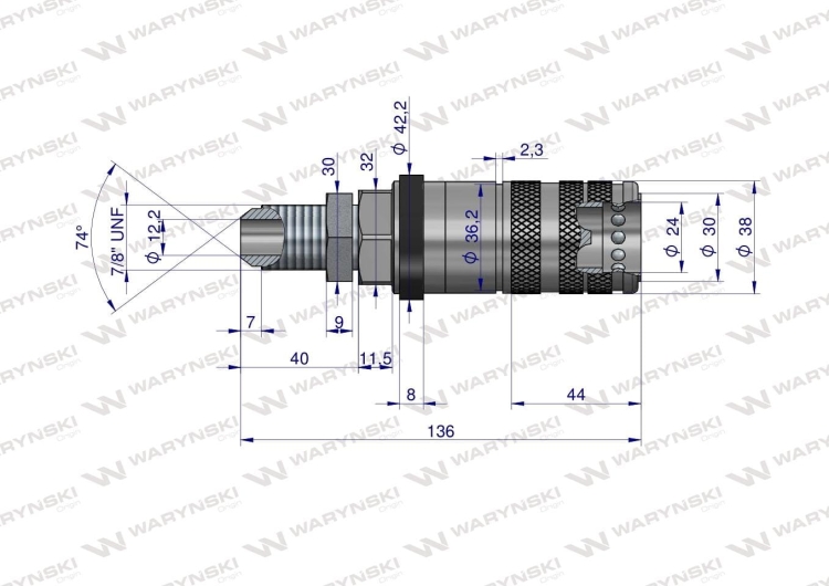 Szybkozłącze hydrauliczne zrywalne seria WIA3CV (3CFPV) gniazdo long 7/8" UNF gwint zewnętrzny EURO PUSH-PULL (ISO 7241-A) Waryński (3)