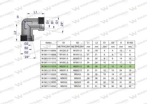 Kolanko hydrauliczne metryczne BB M22x1.5 15L (XW) Waryński  2