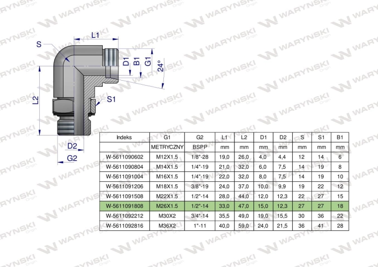 Kolanko hydrauliczne nastawne BB M26x1.5 18L x 1/2"BSP z regulacją Waryński 4