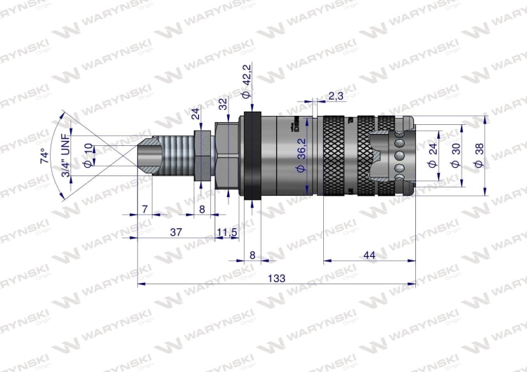 Szybkozłącze hydrauliczne zrywalne seria WIA3CV (3CFPV) gniazdo long 3/4" UNF gwint zewnętrzny EURO PUSH-PULL (ISO 7241-A) Waryński 3