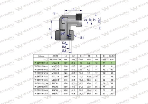 Kolanko hydrauliczne metryczne AB M12x1.5 06L (XEVW) Waryński (2)