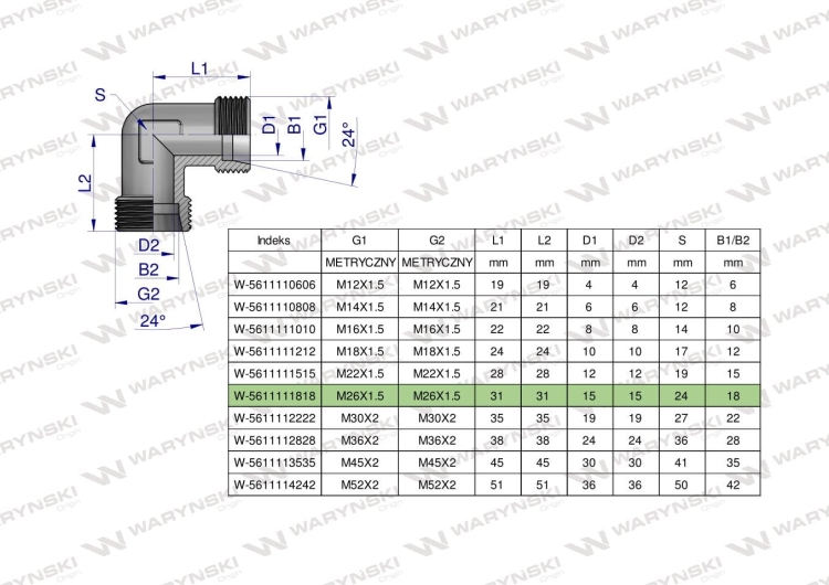 Kolanko hydrauliczne metryczne BB M26x1.5 18L (XW) Waryński 4