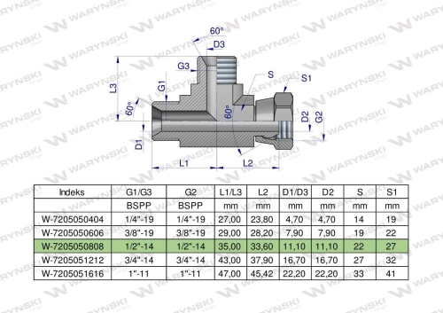 Trójnik hydrauliczny niesymetryczny calowy BBA 1/2" BSP (XEVL) Waryński  2