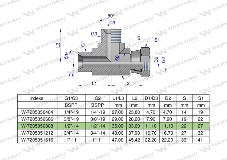 Trójnik hydrauliczny niesymetryczny calowy BBA 1/2" BSP (XEVL) Waryński  2