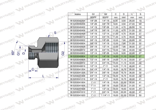 Tulejka różnicowa hydrauliczna calowa AB 1/2"GZ x 1/4"GW BSP Waryński 2