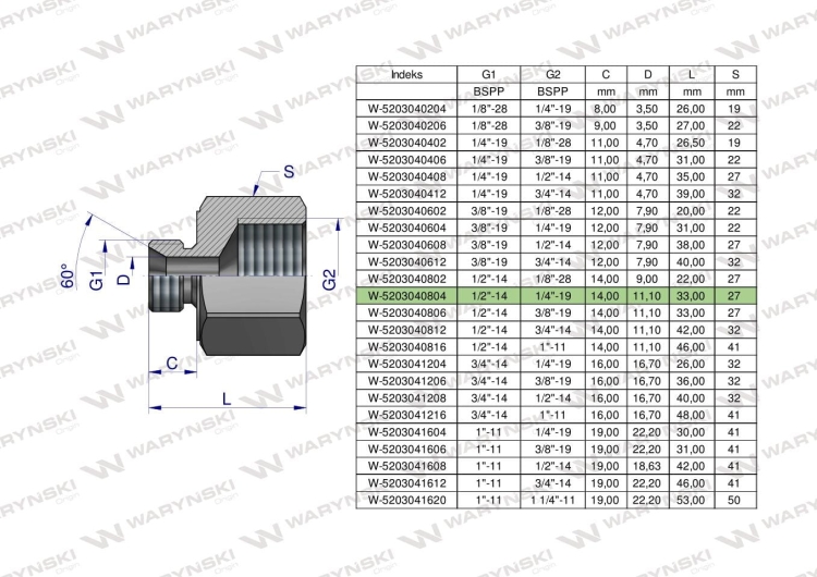 Tulejka różnicowa hydrauliczna calowa AB 1/2"GZ x 1/4"GW BSP Waryński 2