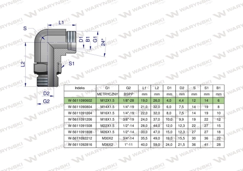 Kolanko hydrauliczne nastawne BB M12x1.5 06L x 1/8" BSP z regulacją Waryński 2