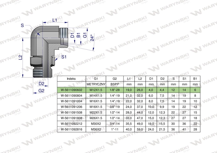 Kolanko hydrauliczne nastawne BB M12x1.5 06L x 1/8" BSP z regulacją Waryński 2
