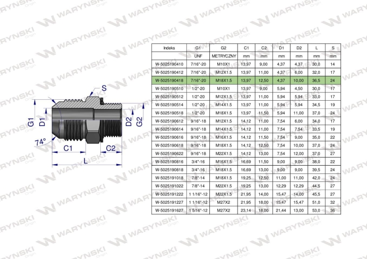 Przyłączka hydrauliczna BB 7/16"UNF (JIC) x M18x1.5 (XGE) Waryński 3