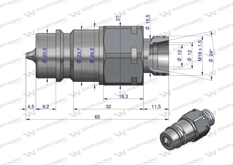 Szybkozłącze hydrauliczne wtyczka z eliminatorem ciśnienia M18x1.5 gwint zew. EURO (9100818W) (ISO 7241-A) Waryński 2
