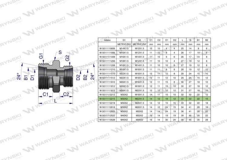 Złączka hydrauliczna redukcyjna metryczna BB M30x2 22L / M22x1.5 15L (XG) Waryński 2