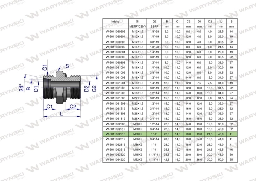 Przyłączka hydrauliczna BB (XGE) M30x2 22L x 1" BSP ED Waryński