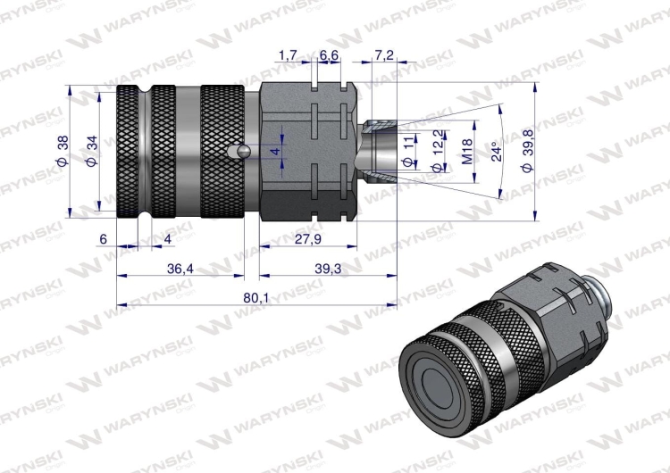Szybkozłącze hydrauliczne suchoodcinające gniazdo M18x1.5 12L gwint zewnętrzny ISO16028 Waryński 2