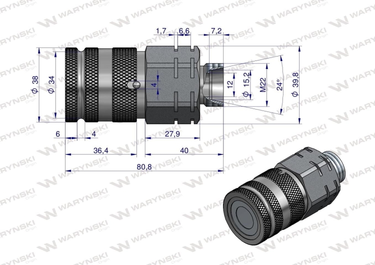 Szybkozłącze hydrauliczne suchoodcinające gniazdo M22x1.5 15L gwint zewnętrzny ISO16028 Waryński 2
