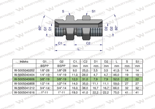 Złączka hydrauliczna calowa grodziowa BB 3/8" BSP z przeciwnakrętką (XSV) Waryński 2