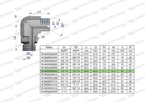 Kolanko hydrauliczne nastawne calowe BB 1/2" x 1/2" BSP z regulacją Waryński  2
