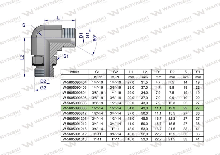 Kolanko hydrauliczne nastawne calowe BB 1/2" x 1/2" BSP z regulacją Waryński  2