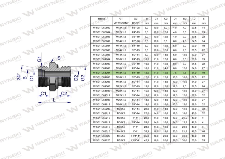 Przyłączka hydrauliczna BB (XGE) M18x1.5 12L x 1/4" BSP ED Waryński 4