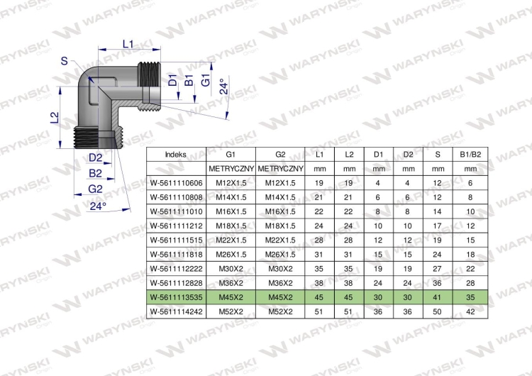 Kolanko hydrauliczne metryczne BB M45x2 35L (XW) Waryński 2