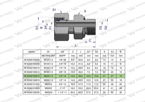 Przyłączka hydrauliczna AB (EVGE) M22x1.5 15L x 1/2" BSP ED Waryński 2