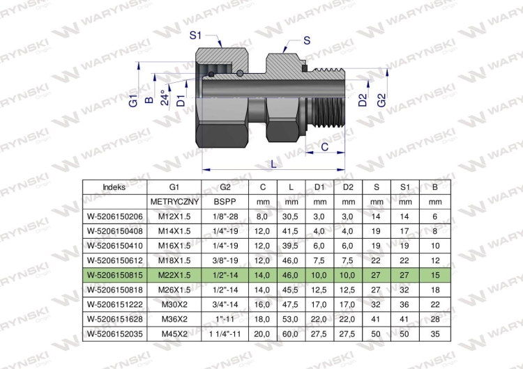 Przyłączka hydrauliczna AB (EVGE) M22x1.5 15L x 1/2" BSP ED Waryński 2